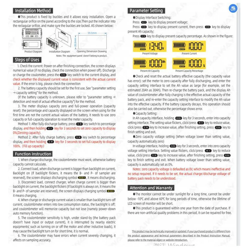 Electric Bicycle Coulomb Meter Monitor Lithium Battery Capacity Power Display DC 12V 24V 36V 48V 60V BMS Lead-acid Lifepo4 Liion