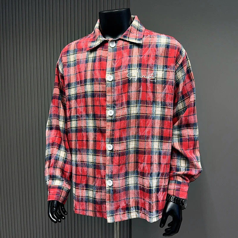 

Красные, синие клетчатые рубашки с длинными рукавами и вышивкой букв и этикетками для мужчин и женщин, осенне-весенние свободные уличные рубашки V-образной формы, одежда
