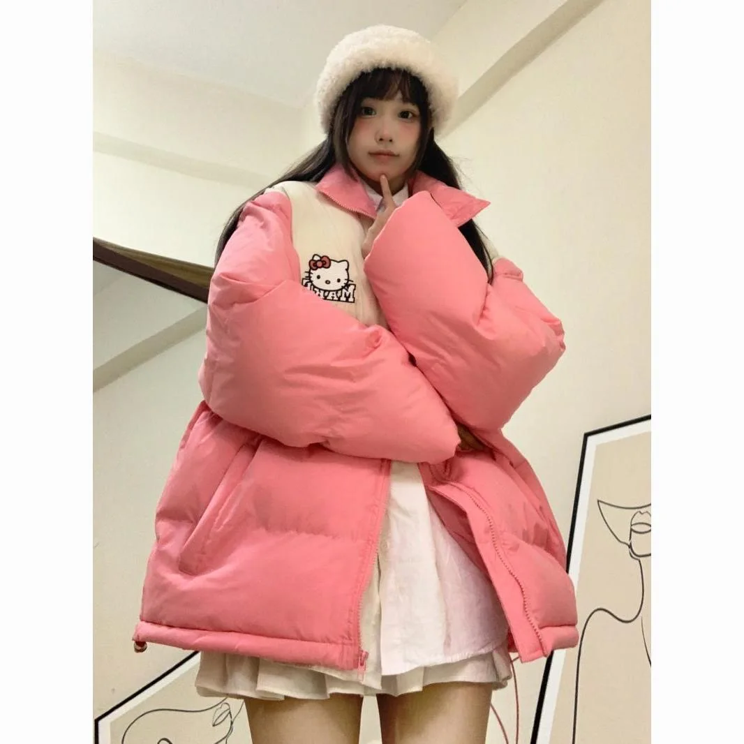 Sanrio Winter New Cute Hello Kitty Cotton Clothes for Women Color Block Student Couple Coat Women Jacket Winter Clothes Women