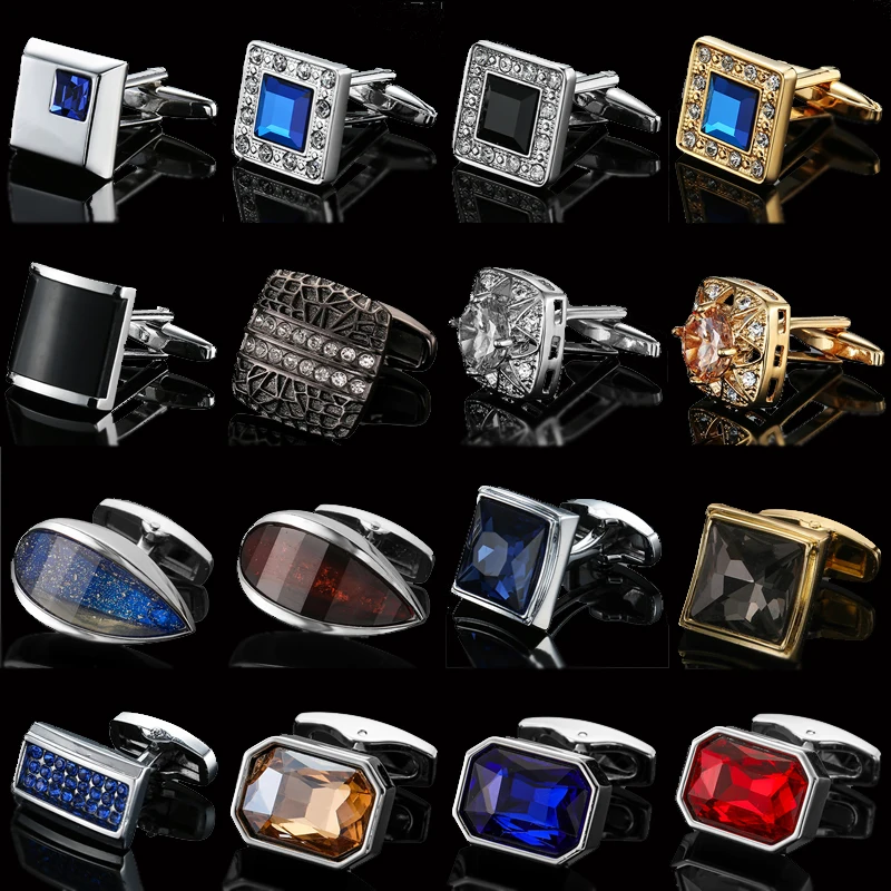 High quality men's French shirt cufflinks Luxury Square Blue Red Crystal Zircon cuffs buttons business suit accessories jewelry