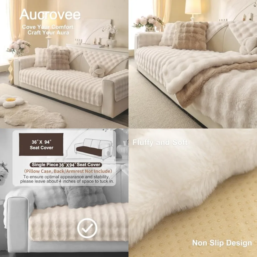 Soft Plush Faux Fur Couch Cover, Thick Warm Fuzzy Sectional Sofa Covers for 3 Cushion Couch Sofa L Sharped Sofa Non Slip Slipco