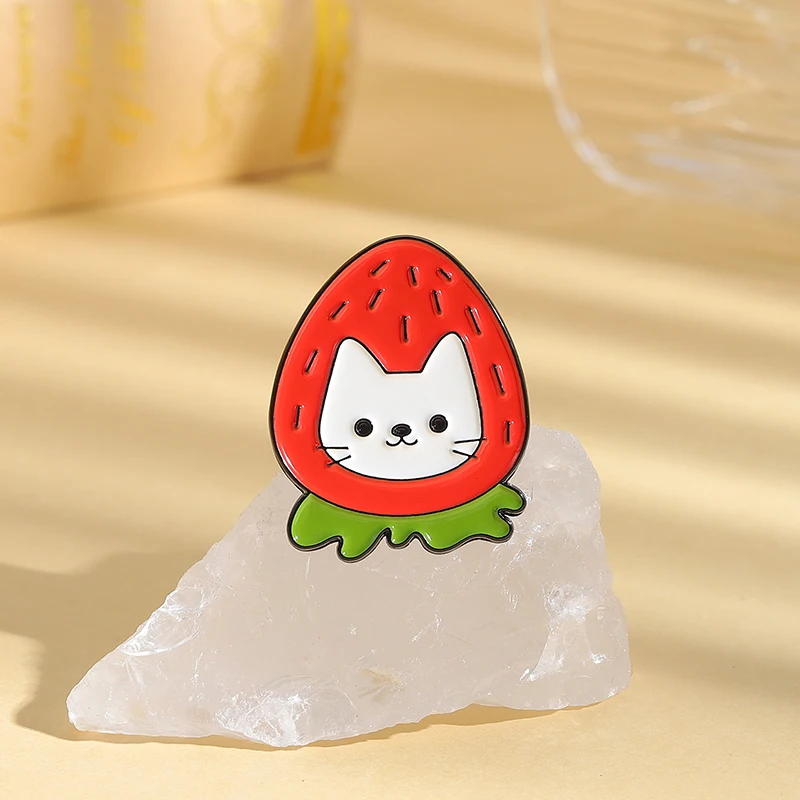Cartoon Anime Strawberry Cat Enamel Pins Custom Banana Tomato Cat Brooches Lapel Badges Clothes Jewelry Gift for Kids Friends