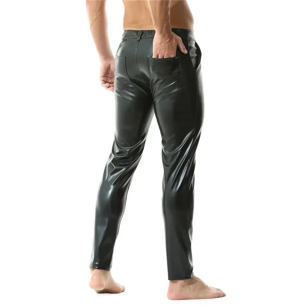 Mens Casual Zipper Faux Leather Pants Men Streetwear Nightclub Straight Trousers With Pockets Male Motorcycle Stage Short Pants