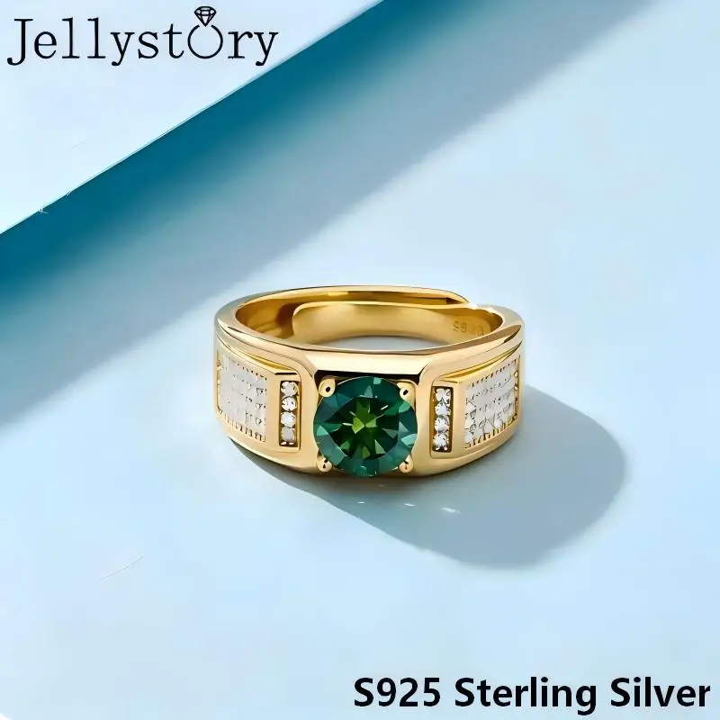 Jellystory 1ct Round Moissanite Men's Band S925 Sterling Silver Adjustable Open Ring for Couples Gift for Boyfriend