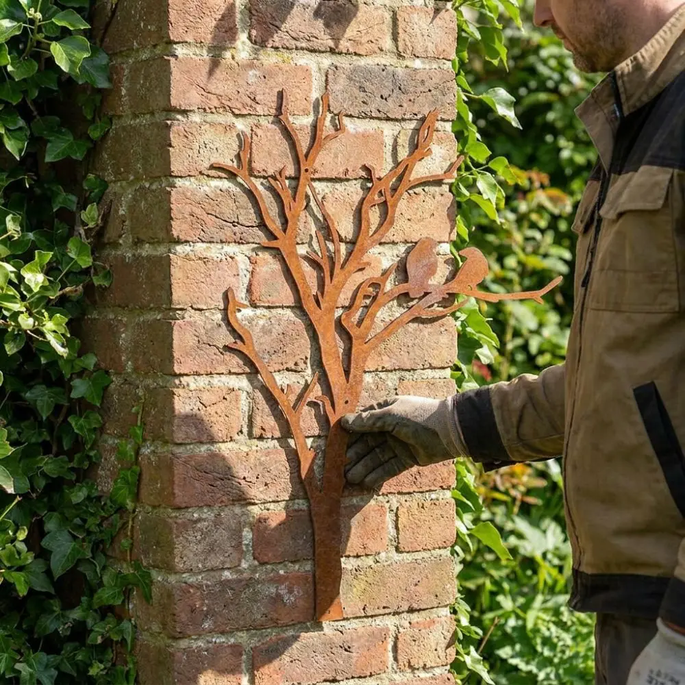 Minimalist Line Metal Tree Branch Bird Silhouette Decor Farmhouse Style Vintage Rust Garden Silhouette Wall Ornament Waterproof