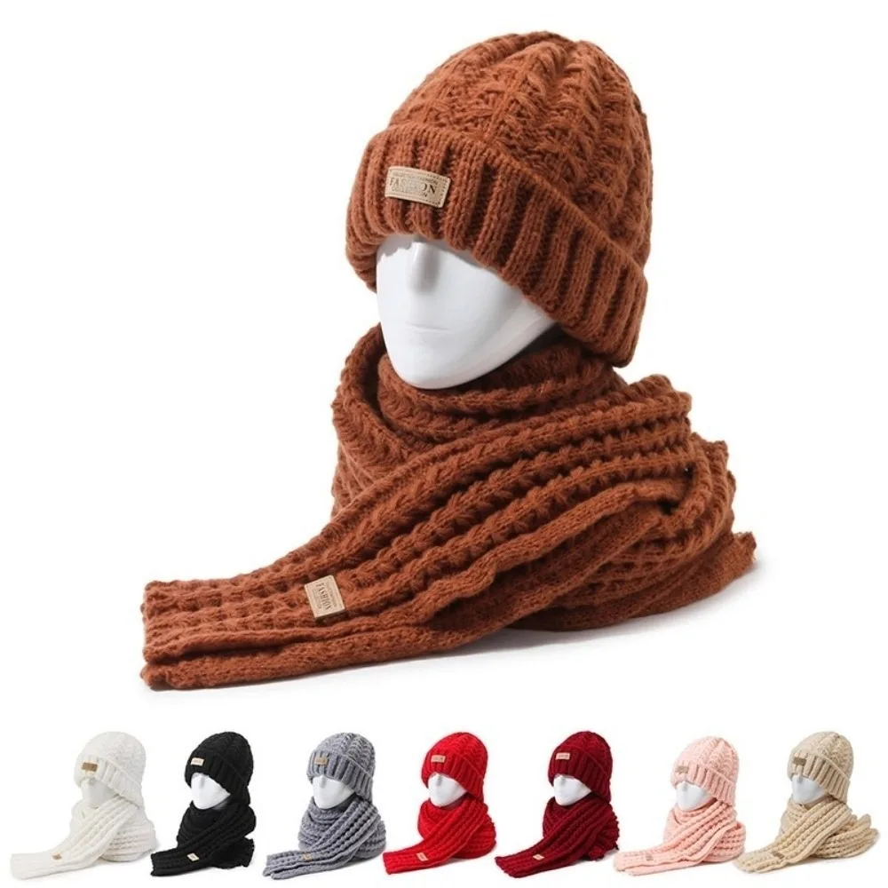 2Pcs Trendy Windproof Knitted Hat Scarf Korean Style Thicken Neck Guard Hat Set Soft Plush Warm Scarf Couple