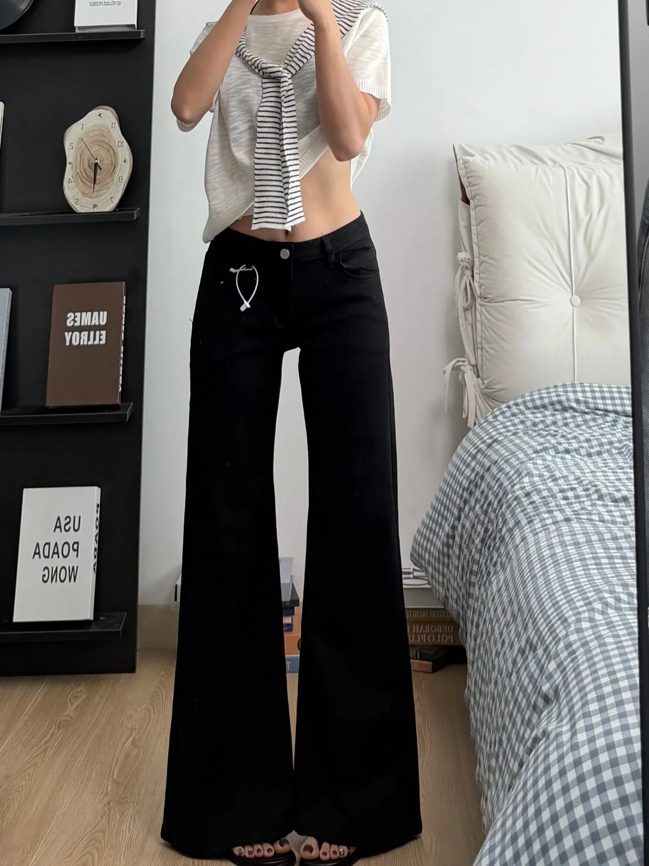 Slimming High Waist Wide Leg Micro Flared Denim Jeans Women's Spring Loose Fitting Floor Length Pants Retro American Style