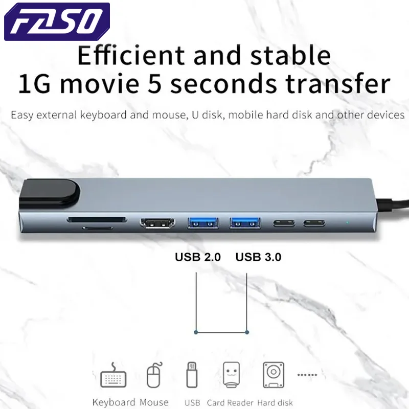 FASO Usb 8 In 1 Type C  To 4k HdTV Hub Adapter With Sd Tf Rj45 Card Reader Pd Fast Charge For Macbook Notebook Computer