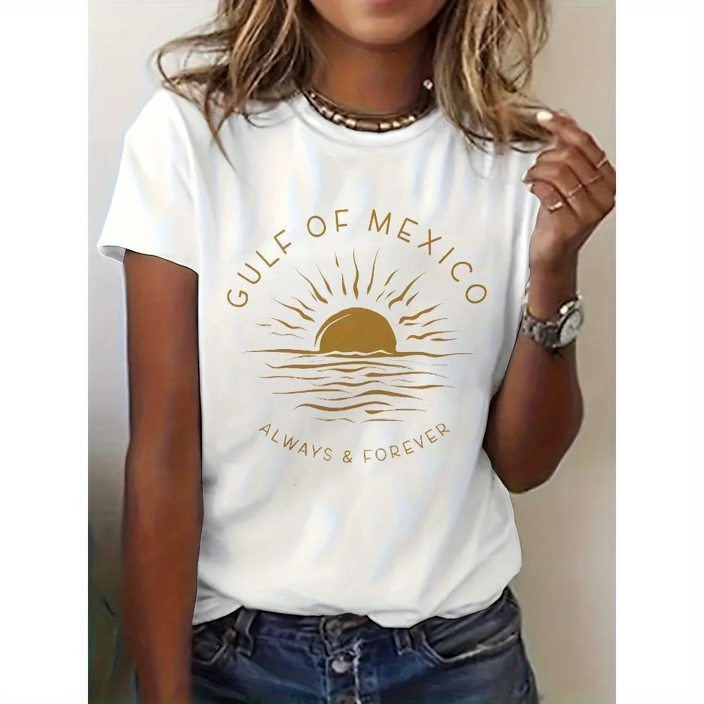 

Women's Gulf of Mexico Pride Graphic Print T-Shirt - Short Sleeve Crew Neck Casual Top,Lightweight Polyester Blend,Summer&Spring