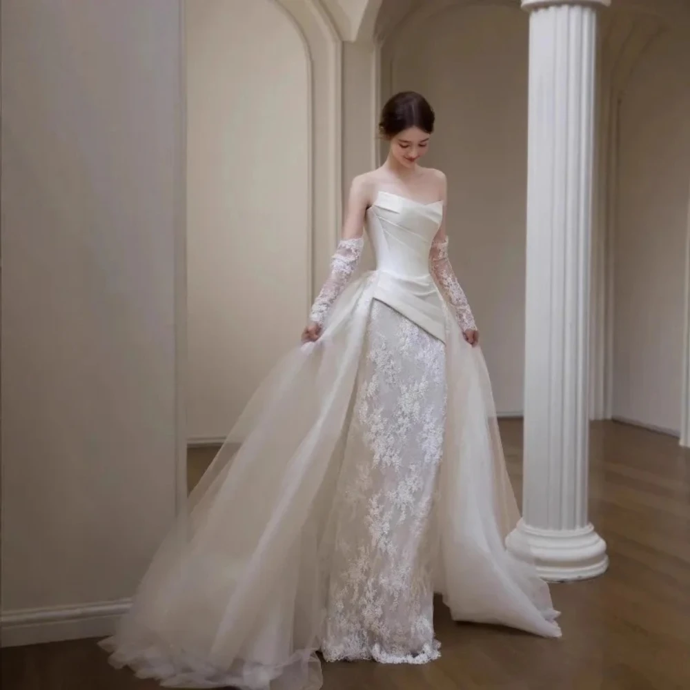 Customized Women's Lace Light Wedding Dress Bustier Gown Fashion Slimming Style Elegant Train Light Luxury White Fishnet Dresses