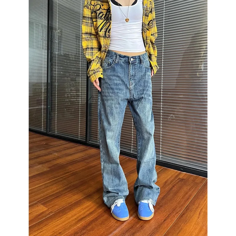 Jeans azul para mulheres, estilo americano, vintage dos anos 90, jean de cintura alta, calça reta, streetwear casual solta, calça jeans de perna larga, 2024