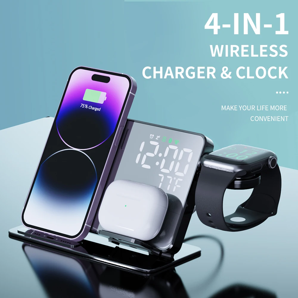 3 in 1 Wireless Charger For iPhone 14 13 12 Pro Apple Watch S8 7 15W Fast Charging Dock Station Desktop LED Digital Alarm Clock