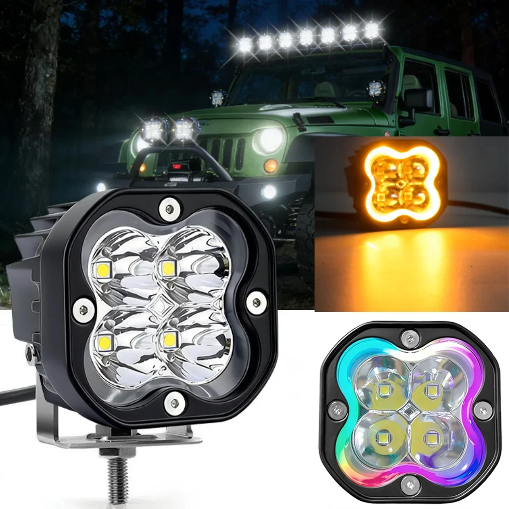 Luz LED de 3 polegadas para motor, farol auxiliar para off-road, Lada Halo RGB, luz de neblina amarela, luz de condução 4x4, flash 12V 24V