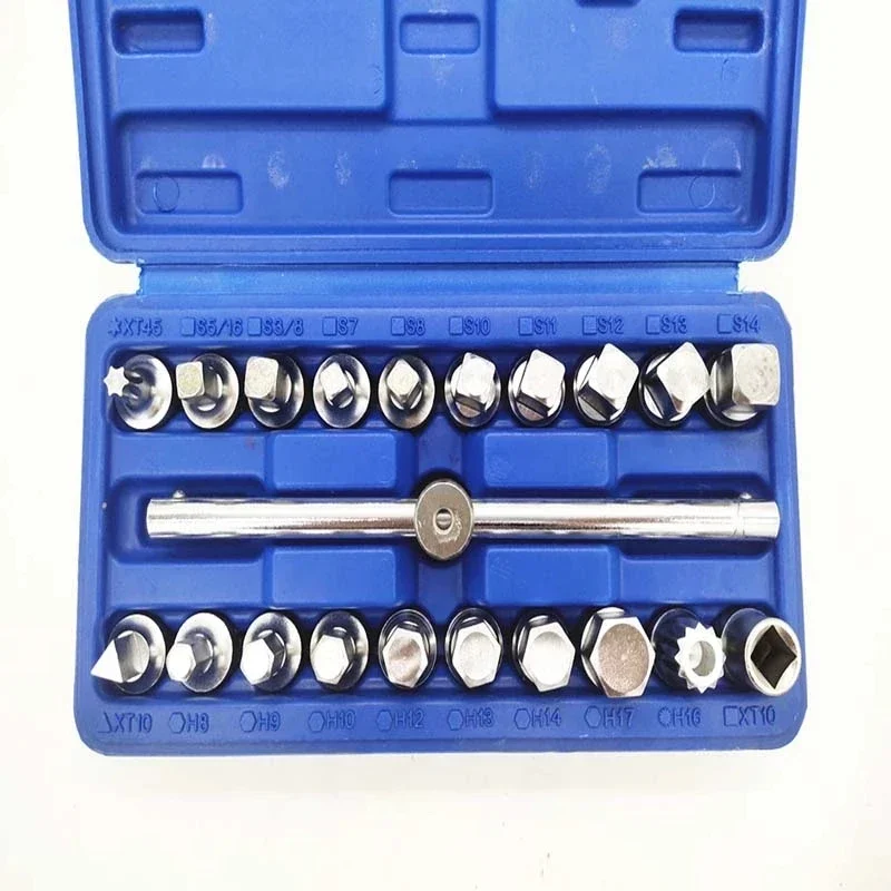 21PCS Oil Drain Pipe Plug Socket Set Oil Pan Screw Sleeve Wrench 3/8-Inch drive Sliding T-bar Removal Kit