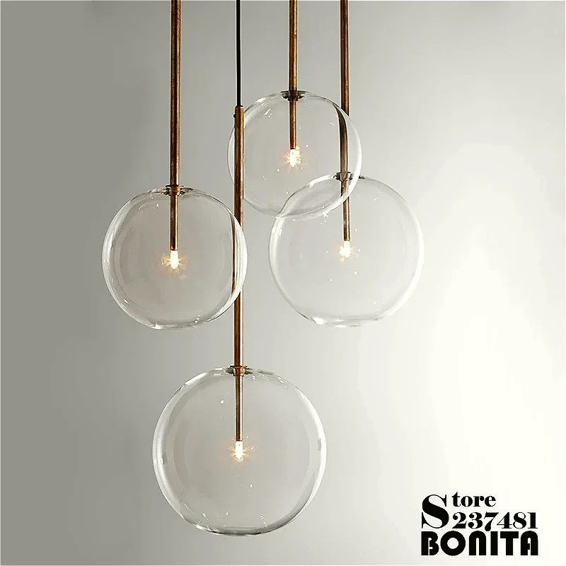 Nordic Round Ball Glass Cord Pendant Light Golden Office Table Dinning Room Coffee Shop Bedside Long Rod Hanging Pendant Lamp
