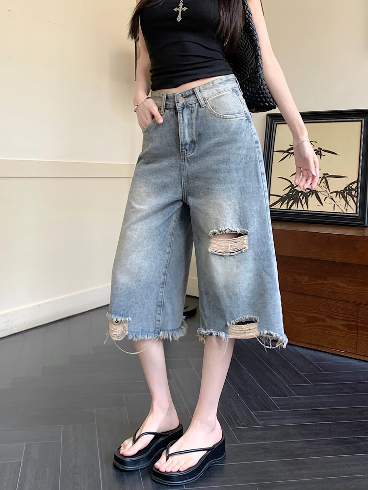 

American Style High Waist Washed Denim Jeans Women Summer New Design Hole Ripped Wide Leg Pants Trendy Casual Loose Fit