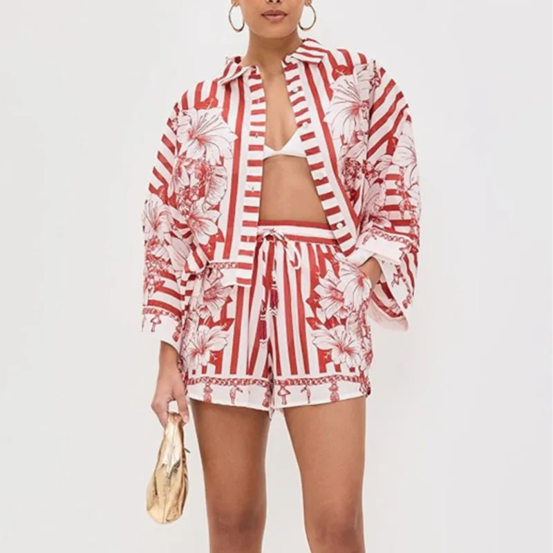 ファッション花柄ストライププリントショートパンツセット レディース カジュアル バットウィングスリーブ ルーズシャツ ハイウエスト レースアップパンツ ビーチ ホリデー ツーピースセット