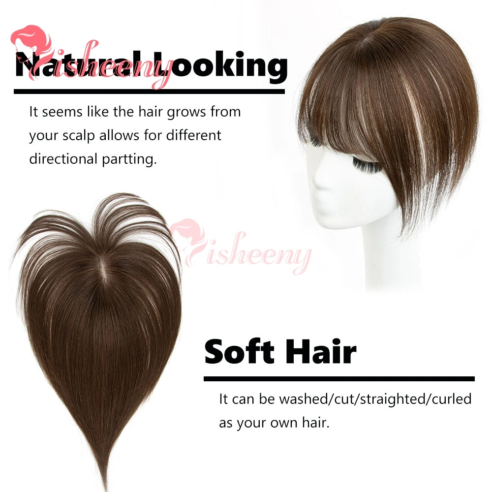 isheeny 8 polegadas-14 polegadas 360 °   3D cobertura completa postiços preto marrom loiro toppers de cabelo com franja para mulher em linha reta cabelo humano real