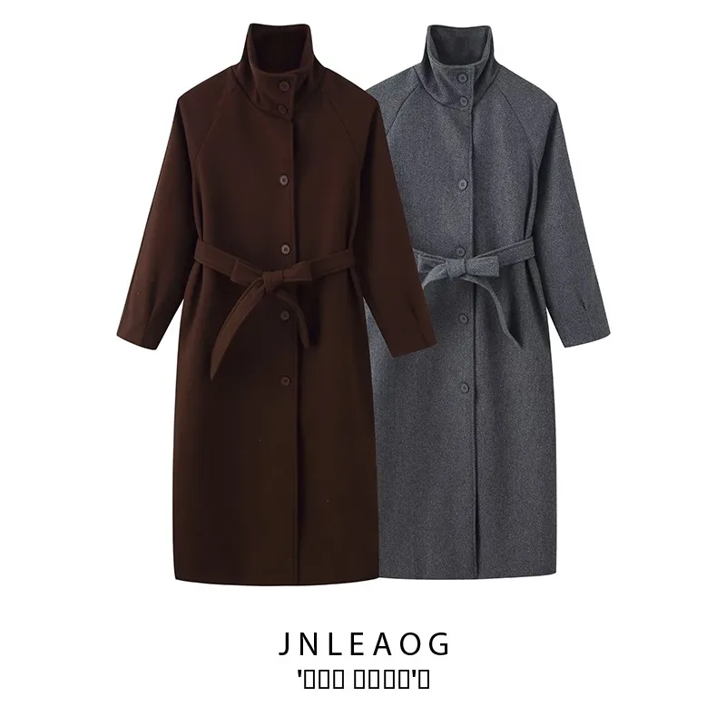 

JNLEAOG Autumn New Women's Long Woolen Coat with Belt Street Sle Long Sve Polyester Fiber Wind Design Sense Stand Collar