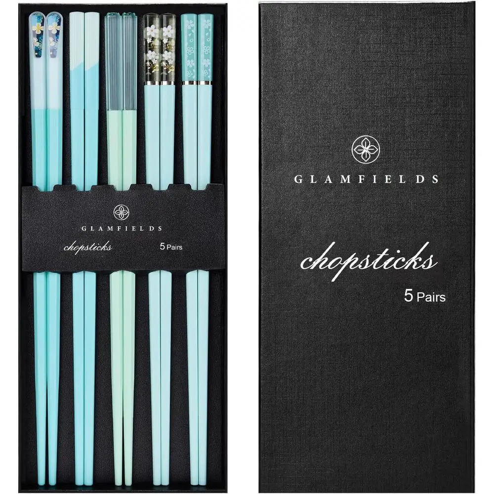 9.5 Reusable Dishwasher Safe Premium Chopsticks Set, 5 Pairs, Ideal for Sushi & Asian Cuisine, Non-Slip, Light Blue Matte Finish