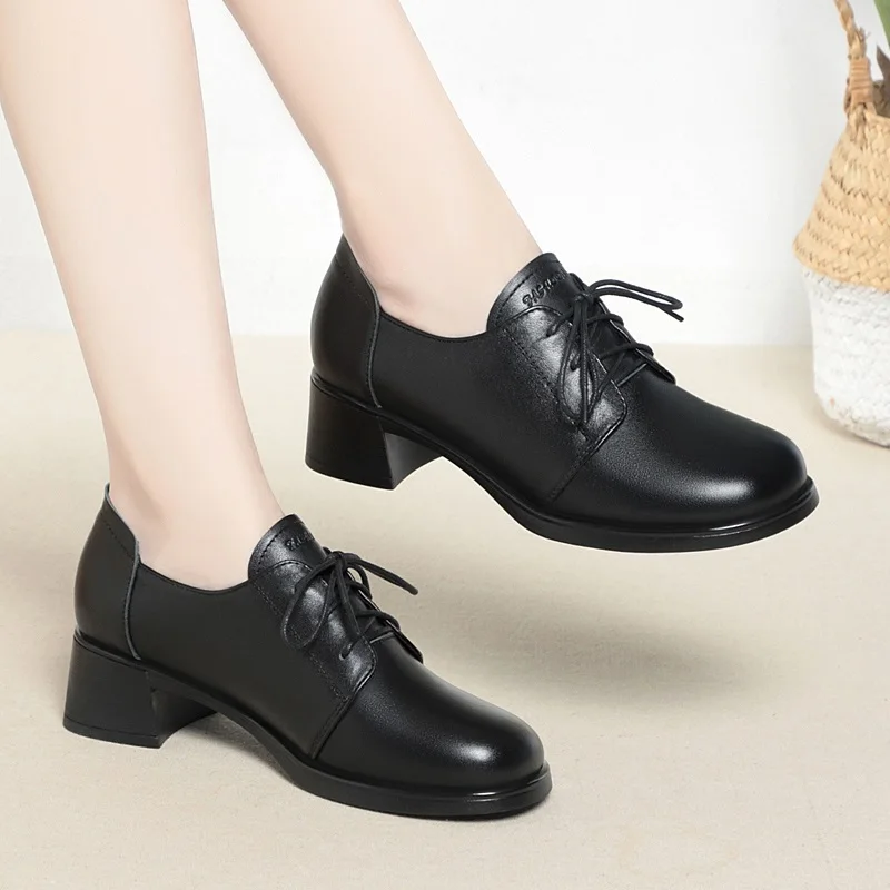 DRKANOL Women Genuine Leather Shoes Lace-Up Round Toe Soft Bottom Thick Heel Leisure Pumps Solid Color Office Shoes Big Size 42