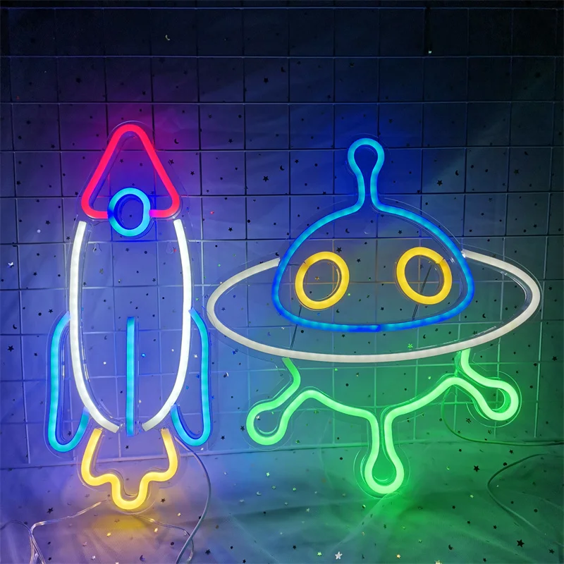 UFO Universe Planet Spaceship Shape Neon Signs Lights Wall Art Colorful LED Night Lamp Kids Gift Bar Home Party Decoration