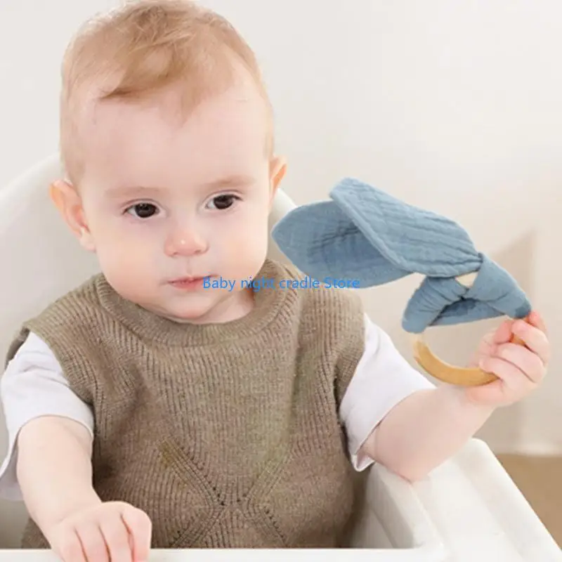 

J2FF Baby Teether Rattle Wooded Rings Baby Cotton Nursing Bracelet
