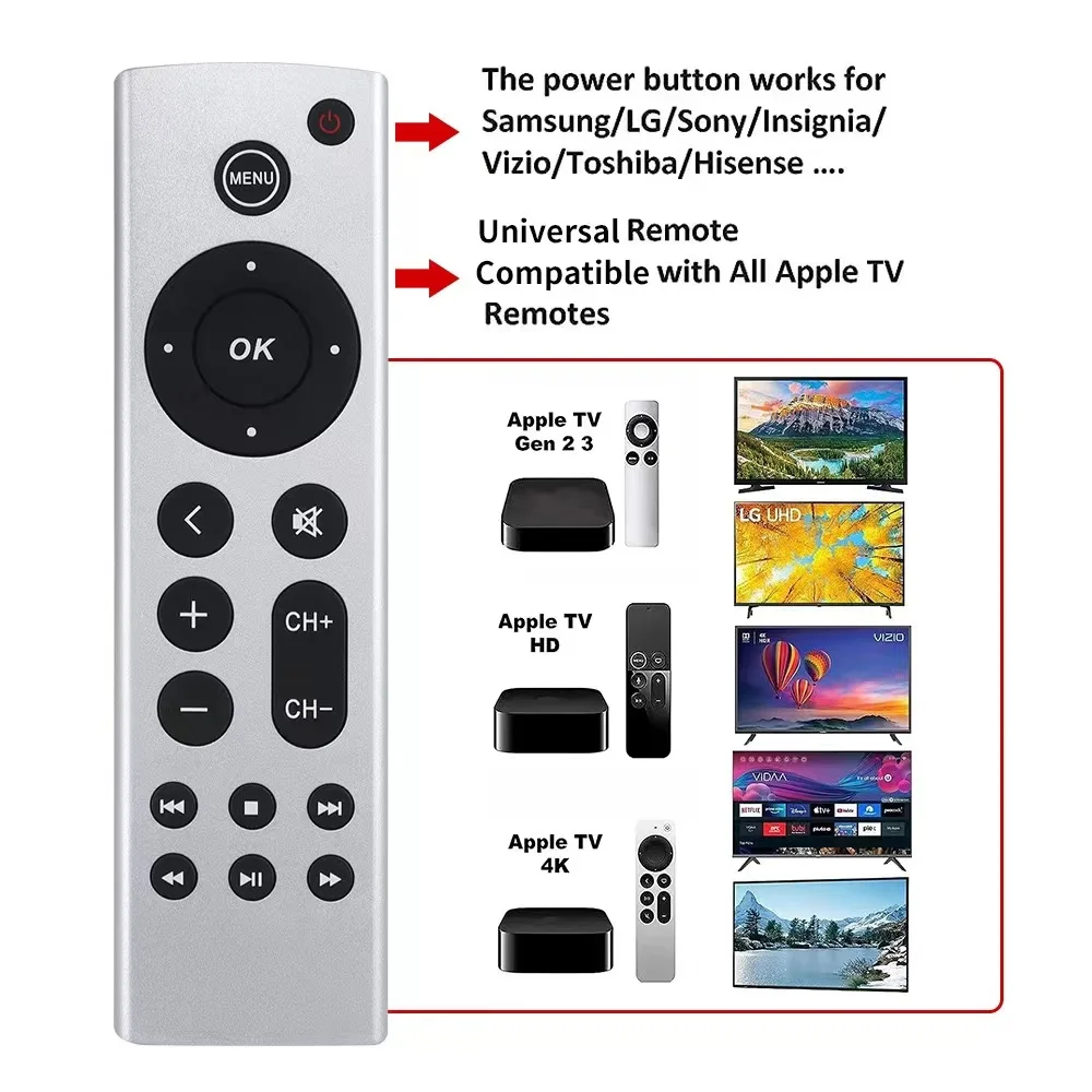 No Voice Remote Control Compatible with Apple TV 4K Gen 1 2 3 4 A2843 A2737 A2169 A1842 A1625 A1427 A1469 A1378 A1218