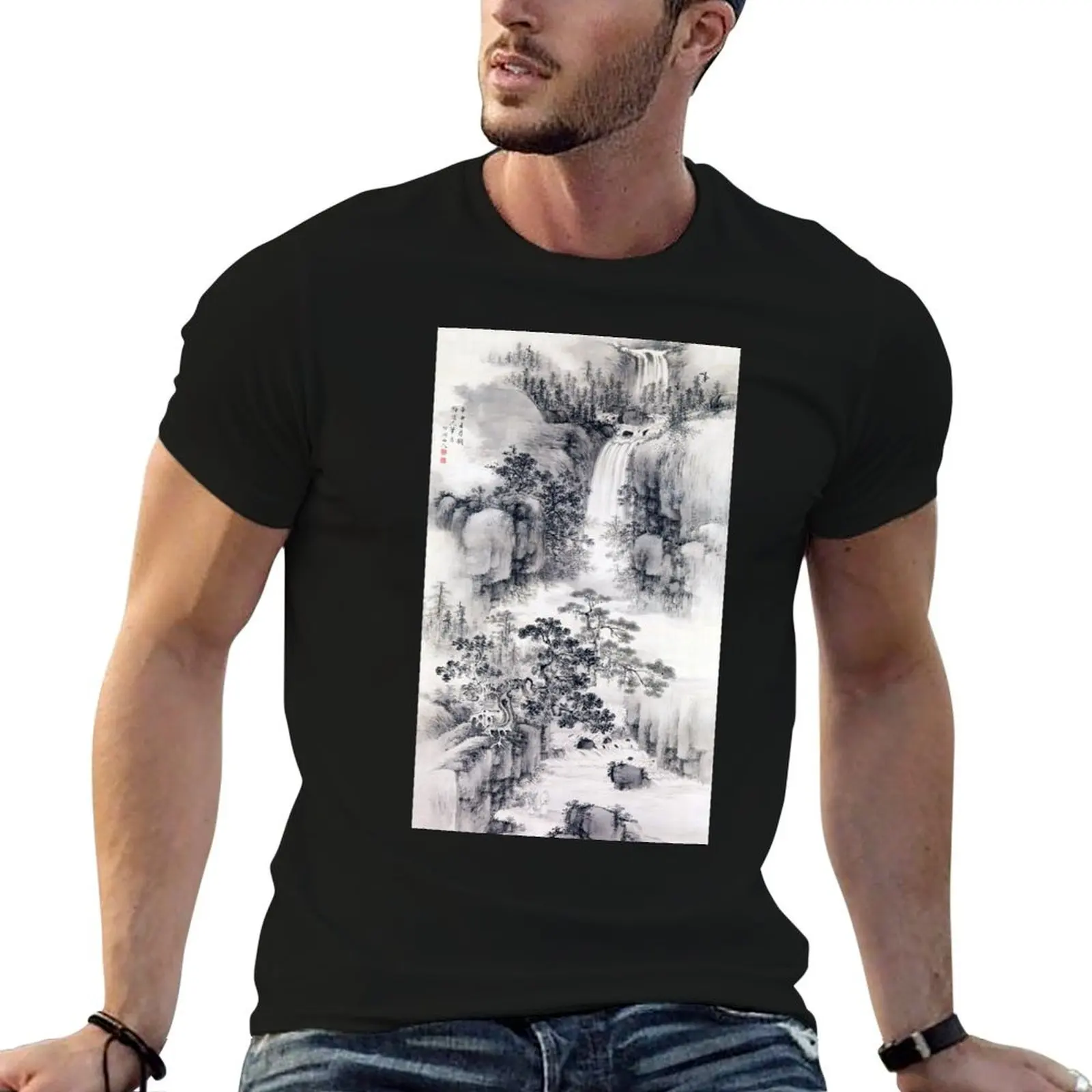 Landscape with Waterfall (Restored Japanese Artwork) T-Shirt Fashion Pattern Printed Tee Shirt