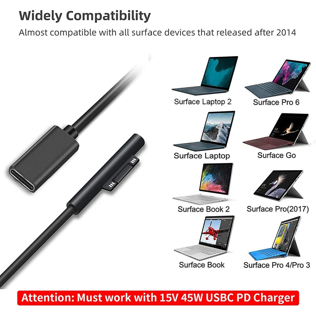 Surface Connect to USB-C Charging Cable Compatible for Surface Pro7 Go2 Pro6 5/4/3 Laptop1/2/3 & Surface Book