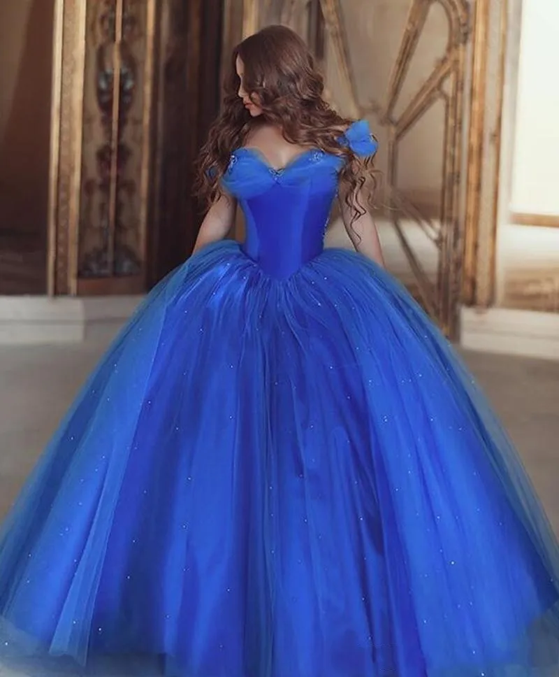 Vestido de fiesta de quinceañera Azul Real, vestido de baile sin hombros de tul hinchado con cuentas, dulce vestido de 16