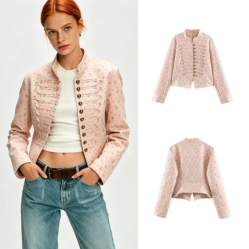 SLTNX 2026 Autumn Women Floral Print Cropped Jacket Stand Collar Long Sleeve Button Front Vintage Slim Short Coat Chic Blazer