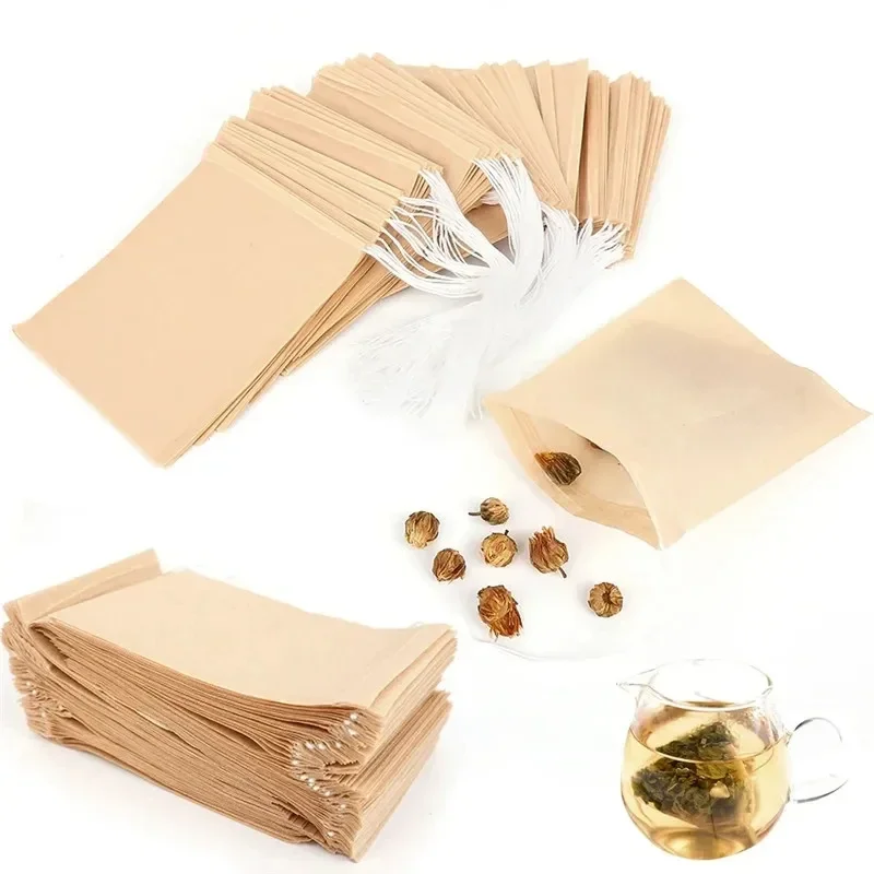 100PCS Disposable Teabags Biodegradable Paper Tea Filter Bag with String Heal Seal Empty Drawstring Spice Loose Leaf Tea Powder