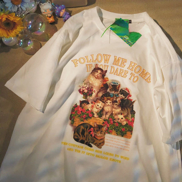 التي شيرت امرأة المتضخم القمم 2022 ريترو لطيف القط طباعة المرأة تي شيرت الأوروبي قصيرة الأكمام س طوق فضفاض دنة الإناث تي شيرت