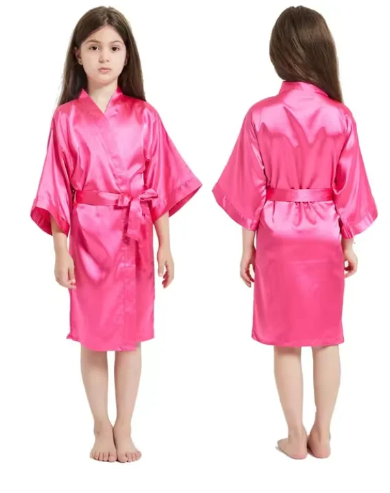 Peignoir rose en satin pour filles, vêtements de nuit pour enfants, chemise de nuit d\'été pour filles, kimono pour enfants, robe de soirée spa de