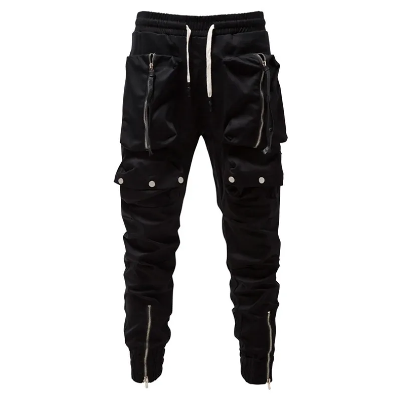 New Cotton Casual Pants Mens Zipper Decorative Large Pocket Elastic Waist Leggings Trousers Men