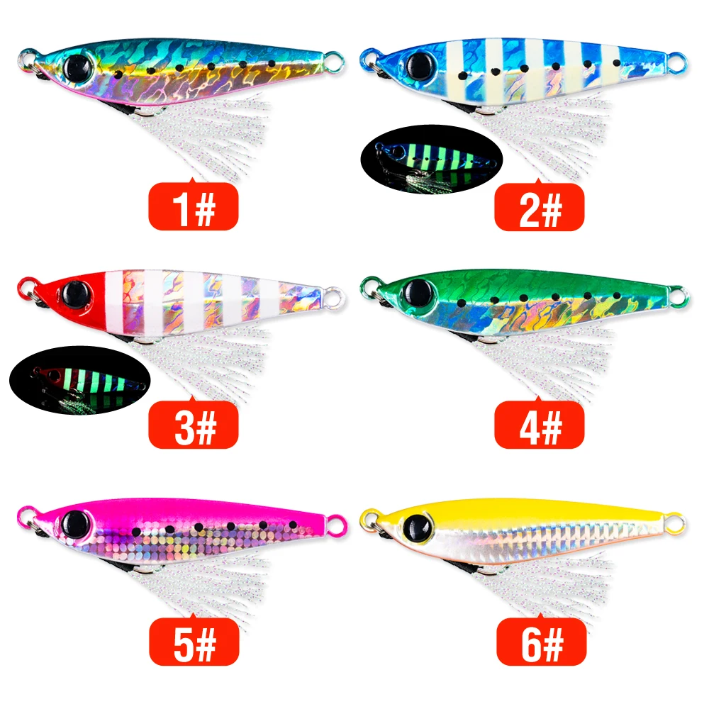 1 Stück sinkende Jig 10 g/20 g/30 g/40 g/60 g/80 g Metallgussköder leuchtender künstlicher harter Köder mit doppelten Hilfshaken und Seide – Detail 7