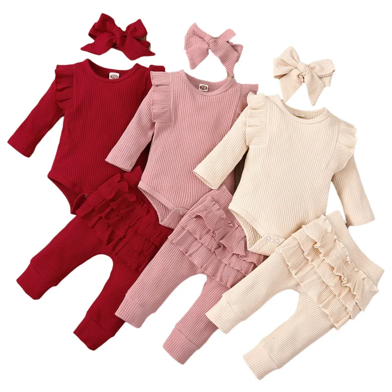 

3Pcs Baby Girl Outfit Set Newborn Toddler Kids Clothing Set Baby Girls Lace Ruffles Cotton Bodysuit Pants Headband Clothing