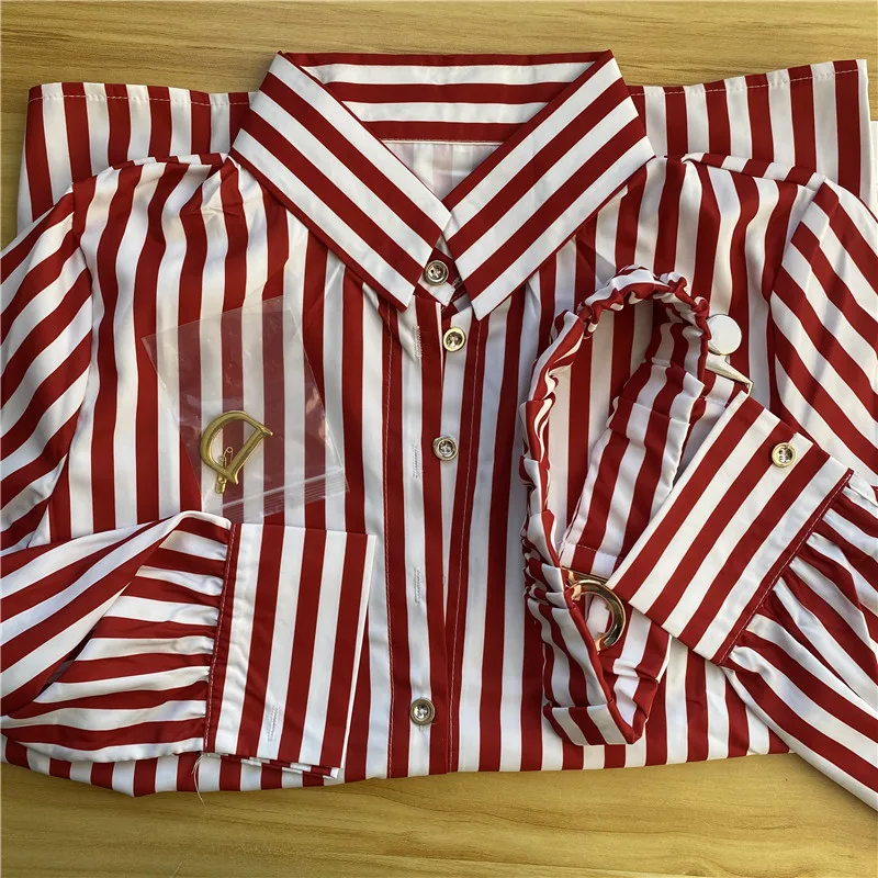 FANIECES Red Striped Women Shirt Brooch Spring Long Sleeve Lapel Polo Blouses With Belt Elegant Office Ladies Shirt Tops рубашка