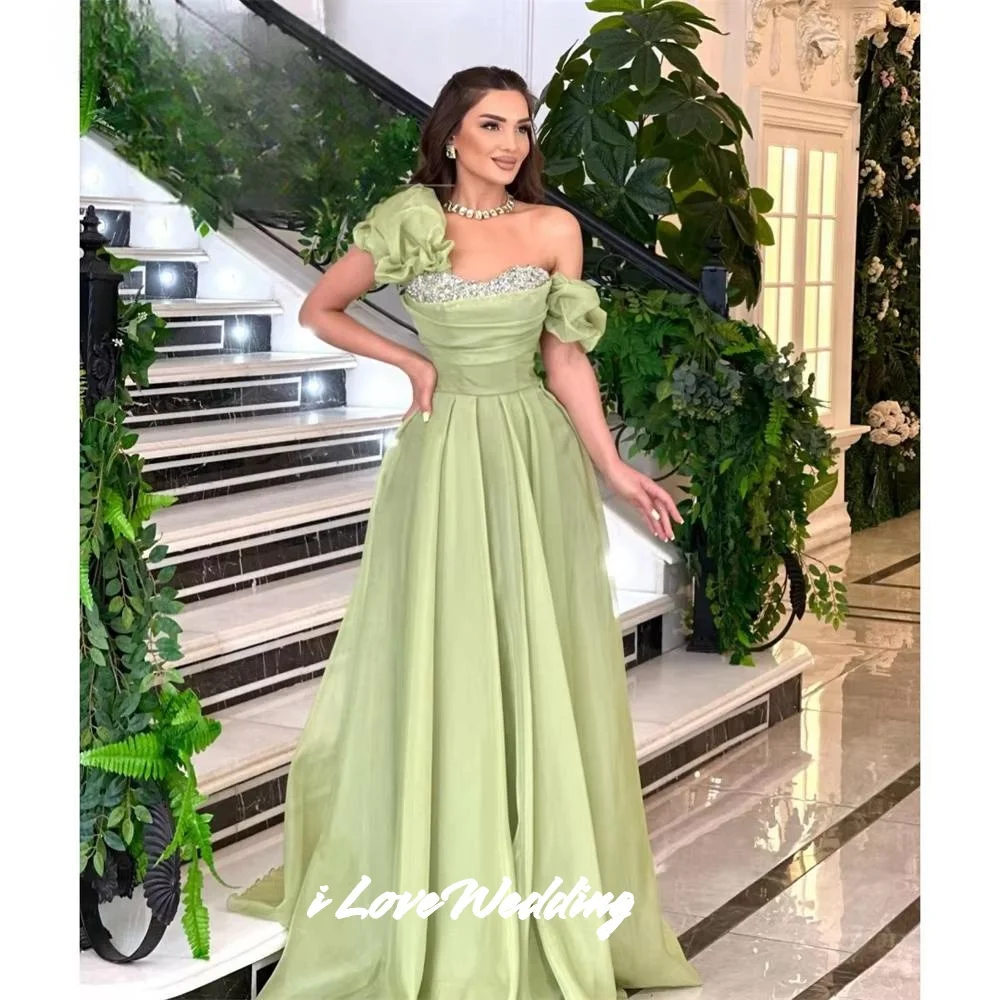 

Green Off Shoulder Prom Dresses 2025 Crystal Beaded A-Line Floor-Length Evening Dresses Pleated Wedding Party Dresses Customized