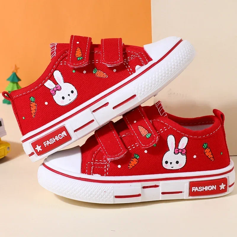 Children New Fashion Canvas Sneakers Kids Adorable Rabbit Cartoon Prints Board Shoes Hook and Loop Flat Sole Non Slip Shoes