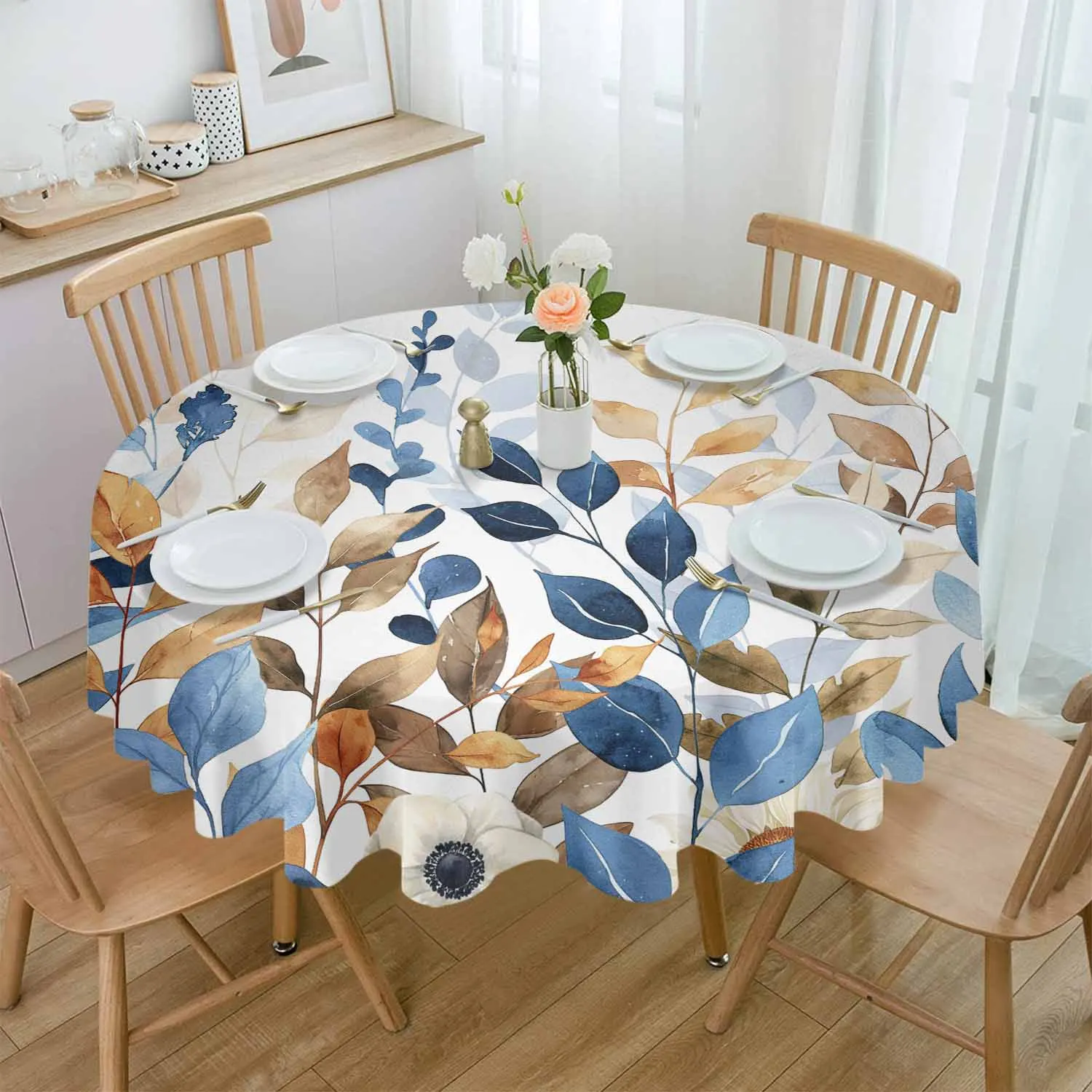 Thanksgiving Autumn Leaves Waterproof Tablecloth Tea Table Decoration Round Table Cover For Kitchen Wedding Home