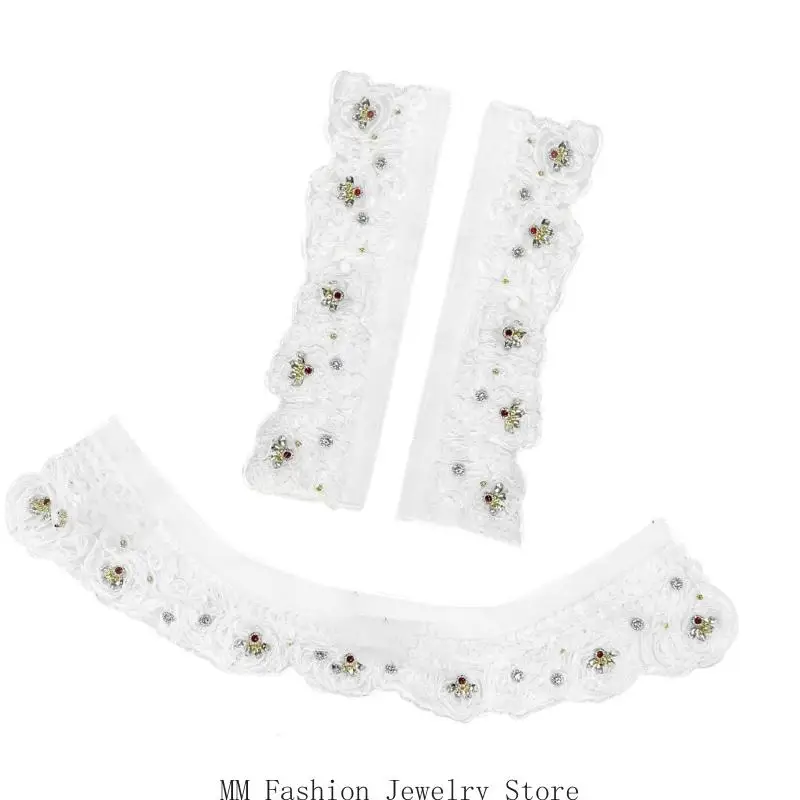Luxury Crystal Decors Shirt Collar Lace Applique Fabric Patches For Bridal Wear D0UB