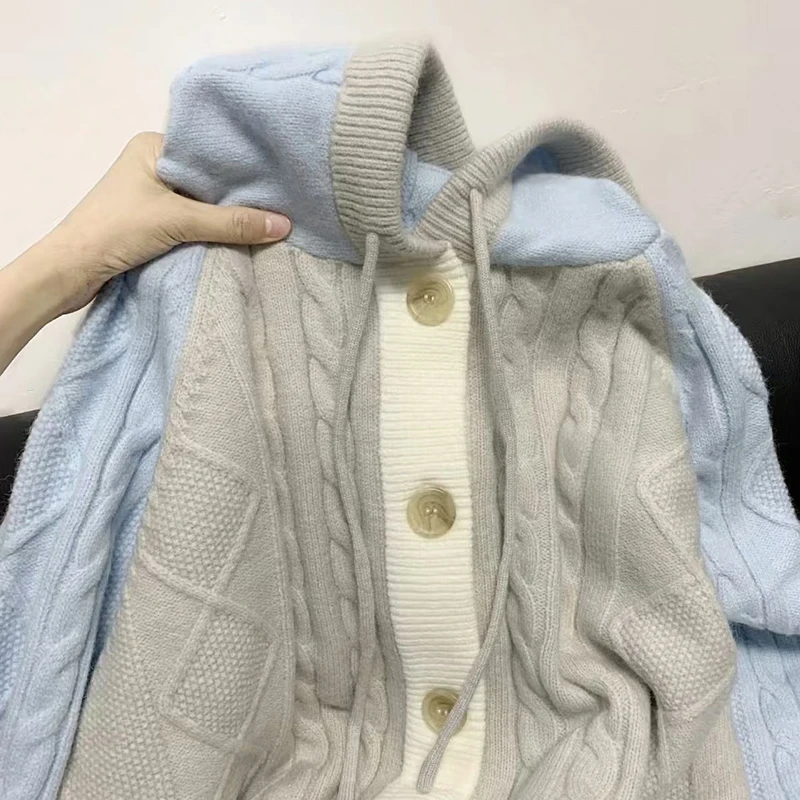 Cozy Colorblock Women Hooded Cardigan Cable Knit Button Down Chunky Sweater Contrast Trim Preppy Y2K Winter Top