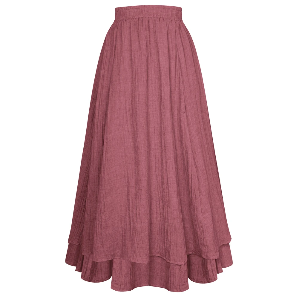 SD Women Skirts Vintage Renaissance 2-Layer Swing Skirt Elastic Waist A-Line Maxi Skirt High Waist linen Breathable Skirt