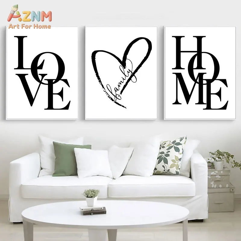 AZNM Minimalist Black White LOVE HOME FAMILY Heart Letter Canvas Print Simple Text Sign Unframed Canvas Wall Art Modern Living R