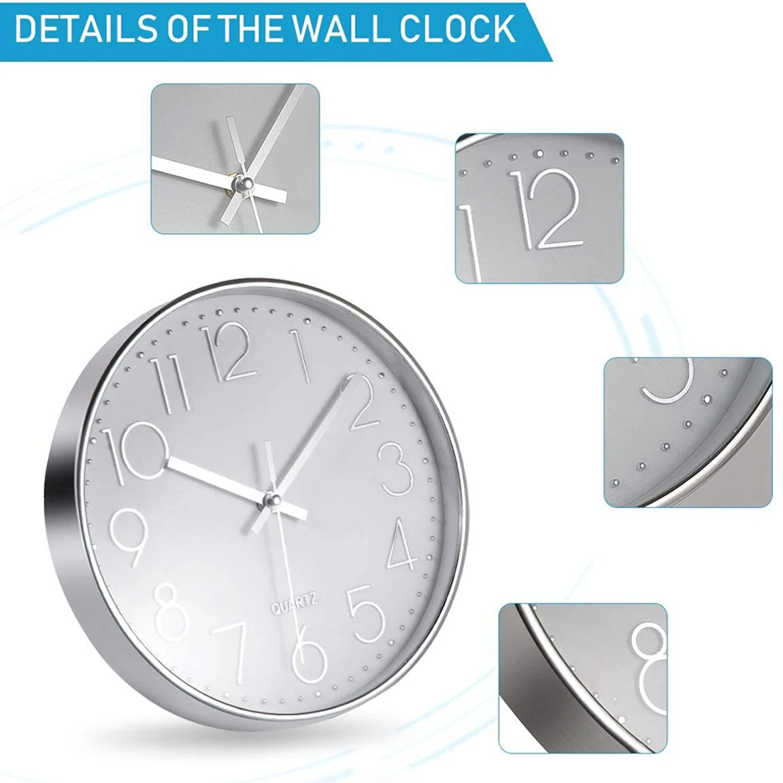 Reloj de pared plateado de primera calidad, decoración de pared, reloj de pared silencioso moderno para cocina de oficina en casa (25cm, plateado)