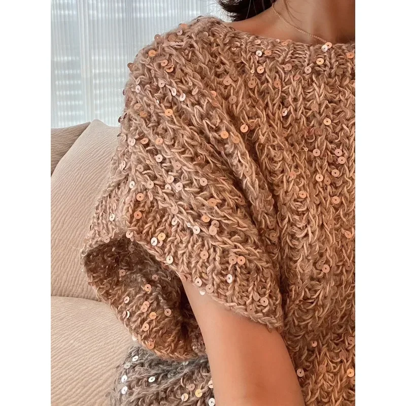 BC@ Sweater Women\'s 2023 Autumn/Winter New Blended Mohair Gradual Color Changing Beaded Heavy Industry Handwoven Top