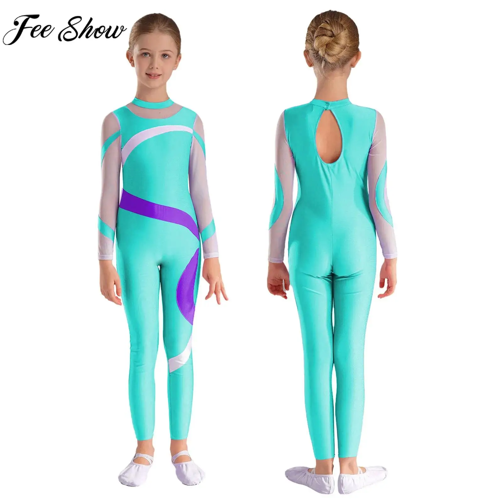 Children Girls Ballet Dance Leotard Figure Skating Gymnastics Acrobatics Yoga Bodysuit Long Sleeve Sheer Mesh Jumpsuit Dancewear