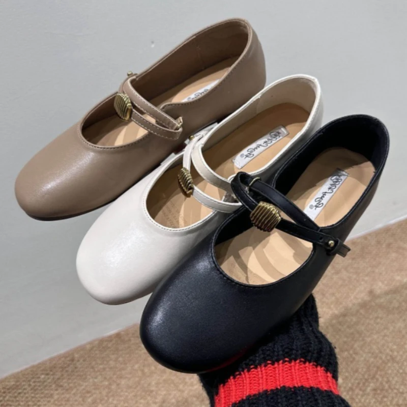 

Fashion Metal-decorated Ballet Flats Women Comfortable Soft Leather PU Round-toe Mary Jane Shoes Light Soft-soled Casual Shoes